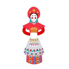 Wall Mural - Vector toy woman with bread in her hands in the national Russian Dymkov ornament, isolated on a white background. Russian folk crafts. Illustration of a Russian toy in a flat cartoon style