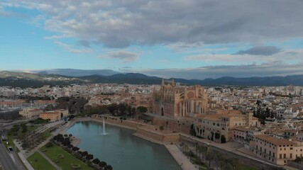 Wall Mural - Palma de Mallorca cityscape. Cathedral La Seu of Santa Maria Royal Palace of La Almudaina, old architecture drone top point of view, sunny day. Travel, landmark, famous place. Balearic Islands. Spain