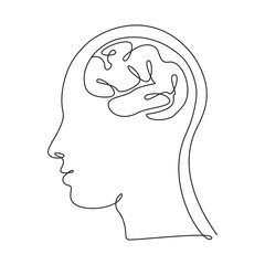 Aufkleber - Human head and big brain in one line art style. Continuous drawing illustration. Abstract linear Vector 
