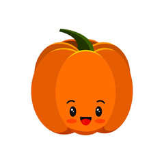 Wall Mural - Pumpkin cute character icon isolated on white. Thanksgiving, halloween smiling emoticon. Farm harvest, closeup squash. Kawaii flat design cartoon gourd. Vector food vegetable clip art illustration.