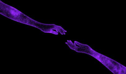 Two shining cosmic purple hands stretched out to each other on a black background