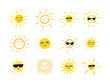 Vector Doodle Suns with Sun Glasses and Smiles, Set of Hand Drawn Funny Icons Isolated on White Background, Bright Yellow Color.
