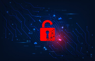 Leinwandbilder -  Information system attack concept.Padlock red open on electric circuits  network dark blue background.Cyber attack  and information.Threat and hacking concept.vector illustration