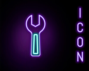 Poster - Glowing neon line Wrench spanner icon isolated on black background. Colorful outline concept. Vector