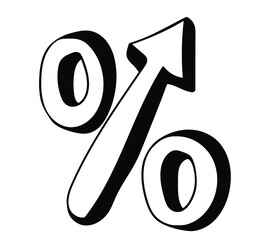 Hand drawn Percentage icon with up arrow in doodle style.  Isolated on white background.  Rising Interest Rates.