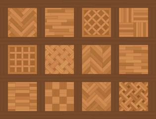 Wall Mural - Parquet floor samples. Chart with common parquetry patterns, most familiar models and types, twelve wooden floor plates. Vector illustration.
