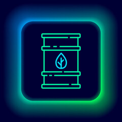 Glowing neon line Bio fuel barrel icon isolated on black background. Eco bio and canister. Green environment and recycle. Colorful outline concept. Vector