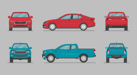 Wall Mural - Cars from different sides. Side view, front view, back view. Cartoon car in flat style.