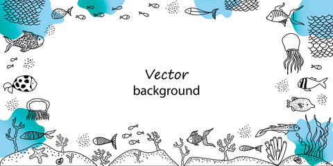 Frame of sea animals. Abstract fishes and fishing net, jellyfish, seaweed, coral, starfish, blue spots. Vector background. Marine summer design. Perfect for poster, card.