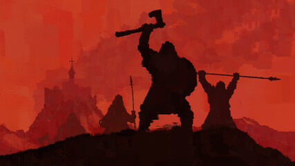 Fototapeta the vikings have won. warriors stand on a rock against the background of a bloody sky. a castle is burning in the background. 2d illustration