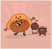 Vector Characters. Chocolate Bear With A Yellow Hat And His Small, Dark Brown Friend, Love And Eat Chocolate Ice Cream In An Orange Glass, In Fashionable Blue Boots. Vector Illustration.
