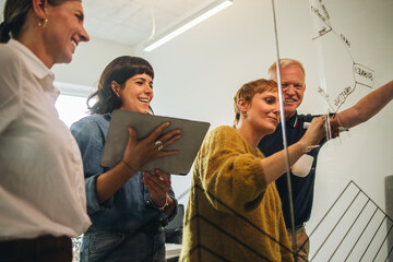 Wall Mural - Businesswoman plotting out details on a glass wall with colleagues