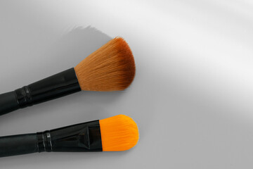 Wall Mural - Two make up brushes on gray background top view