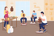 © The img - Pottery class during pandemic flat color vector illustration. Learn creative hobby. Potters at clay wheel. Teacher and adult students 2D cartoon characters with classroom on background