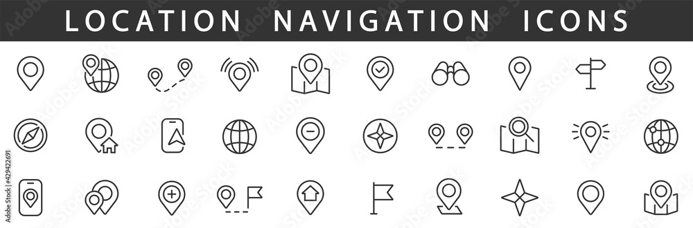 Location icons set. Navigation icons. Map pointer icons. Location symbols. Vector illustration - obrazy, fototapety, plakaty 