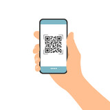 Fototapeta Kosmos - Flat design illustration of male hand holding touch screen mobile phone. QR code scan for payment or identification, vector