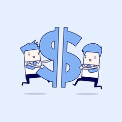 Wall Mural - Two businessmen pushing a pieces of dollar sign together. Cartoon character thin line style vector.