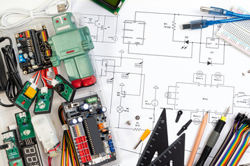 DIY microcontroller board or IOT microcontroller board for creating robot and robotic. Microcontroller education board for learning and building robot at school. Robotic education background.