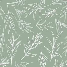 White Vector Leaves Seamless Pattern. Random Placed Plants All Over Print On Sage Green Background.