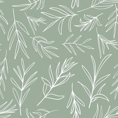 Wall Mural - White Vector Leaves Seamless Pattern. Random Placed Plants All Over Print on Sage Green Background.
