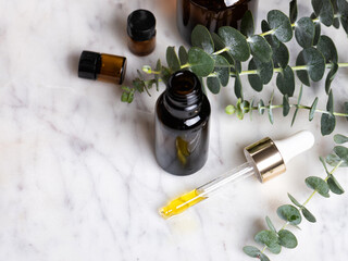 Poster - Brown glass bottle of essence or oil with natural eucalyptus leaves