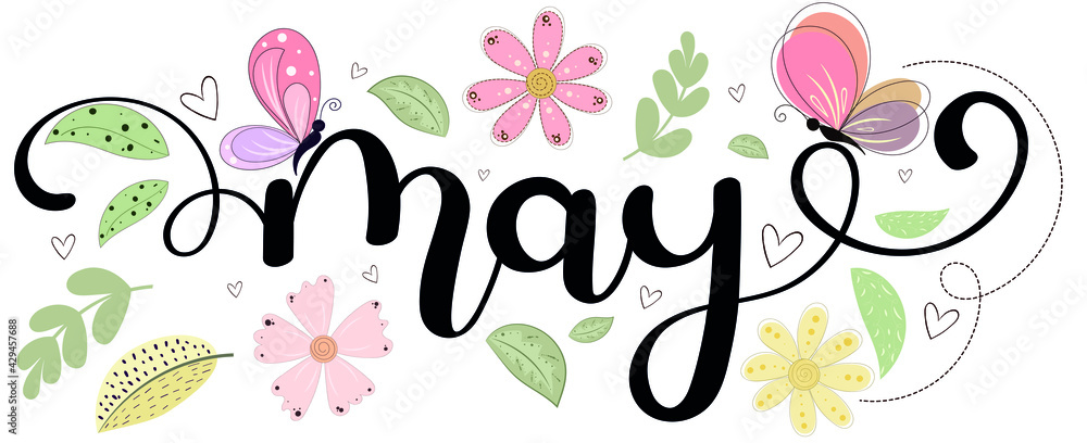Hello May. MAY month vector with flowers, butterfly and leaves. Decoration floral. Illustration month may - obrazy, fototapety, plakaty 