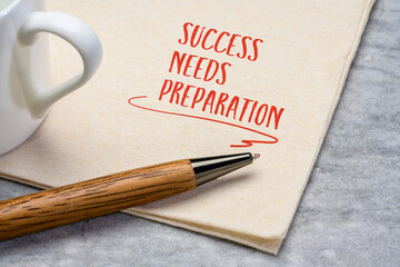 Wall Mural - Success needs preparation motivational note, handwriting o a napkin with a cup of coffee, business, education and personal development concept