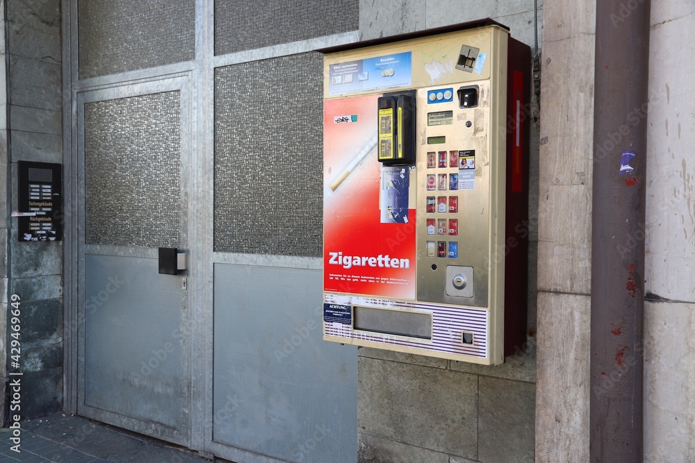 cigarette vending machine germany NUREMBERG, GERMANY - MAY 6, 2018: Cigarette vending machine in Nuremberg,  Germany. The machines are widespread in Germany. They perform age checks by  scanning customer's ID. Stock Photo