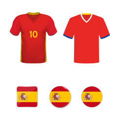 Wall Mural - National football shirt of the Spain national team. Set of football T-shirts and flags of the national team of Spain.