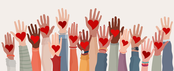 Poster - Arms and hands raised. Group of diverse people with heart in hand. Charity donation and volunteer work. Support and assistance. Multicultural and multiethnic community. People diversity