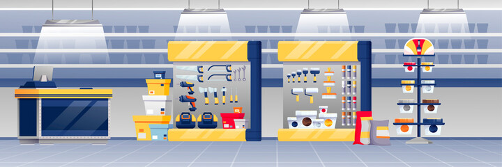 Wall Mural - Hardware shop interior design background. Store with counter, stands with paint, toolkits, saws, hammers, screwdrivers vector illustration. Tools and materials assortment panorama