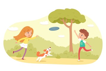 Children playing with frisbee in park or playground. Happy kids doing outdoor summer activities vector illustration. Boy and girl with dog throwing game, pet jumping in nature