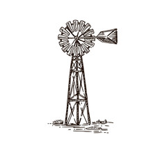 Old Windmill. Sketch. Engraving Style. Vector Illustration