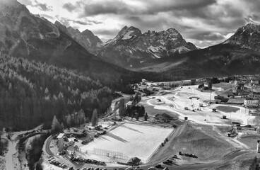 Wall Mural - Sappada ski trail aerial view in winter season, Italian Alps