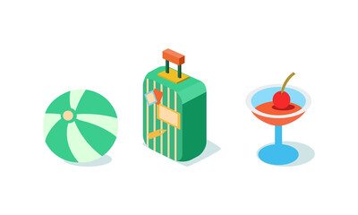 Sticker - Beach Vacation and Summer Holiday Elements with Suitcase, Inflatable Ball and Cocktail Isometric Vector Set