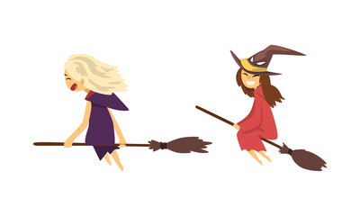 Sticker - Cute Little Witch in Pointed Hat Flying on Broomstick Vector Set