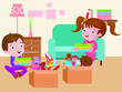 © Creativa Images - Siblings with belongings in a cardboard cartoon 2d vector concept for banner, website, illustration, landing page, flyer, etc.