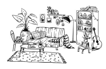 Wall Mural - line drawing of a cozy living room, vector hand drawn line sketch