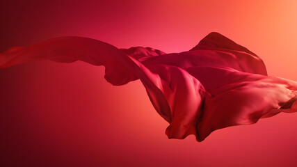 Wall Mural - 3d render. Abstract fashion background with silk cloth. Dramatic scene with red drapery blown away by the wind