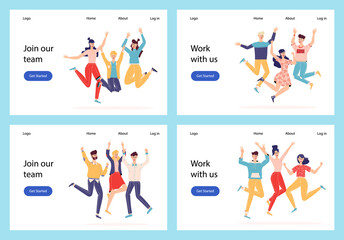 Wall Mural - Happy people jumping set. Group of joyful people with raised hands jumping together. Positive and laughing men and women. Young funny teens guys and girls. Template for website or web landing page. .