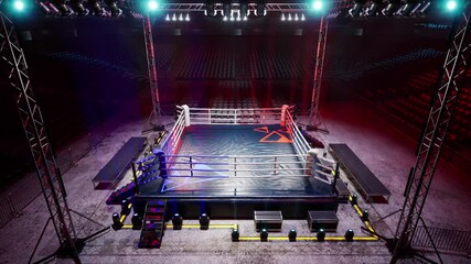 Wall Mural - Empty boxing arena waiting new round . fly camera 4k hi quality video render. High quality 4k footage