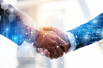 Wall Mural - Business Partnership. business man investor handshake with effect global network link connection and graph chart of stock market graphic diagram, digital technology, internet and partnership concept