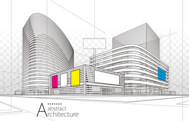 Wall Mural - Architecture building construction perspective design, abstract modern urban line drawing background.