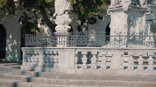 Holy Trinity Column In Bratislava, Slovakia On A Sunny Day, Pan Across