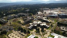 Cinematic drone footage, development of the new campus at the Microsoft Corporate Headquarters, Microsoft Commons, Microsoft Studio in Overlake and Redmond, Washington, near Bellevue, Seattle