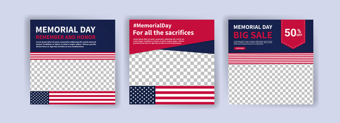 Memorial day greeting card displayed with the national flag of the United States of America. Social media templates for memorial day.