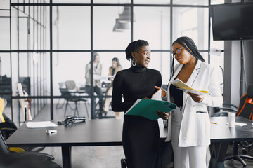 Wall Mural - Multi-ethnic business colleagues reviewing paper documents while standing in modern office