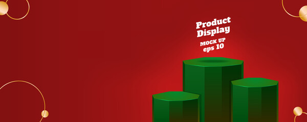 Aufkleber - Vector flat geometric product display red christmas background, dark green color block studio kiosk.banner with copy space for display of product for advertise online