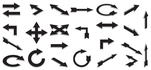 A set of black arrow icons in different angles.Different arrows showing different directions are made in 3d style.Can be used in design elements.Isometric vector illustration.