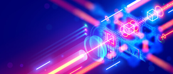 Leinwandbilder - Quantum computing. Close up of optical cpu process light signal. Quantum computer of glowing qubits. Laser ray signal transmitting digital signal in chip or processor. Abstract technology background.